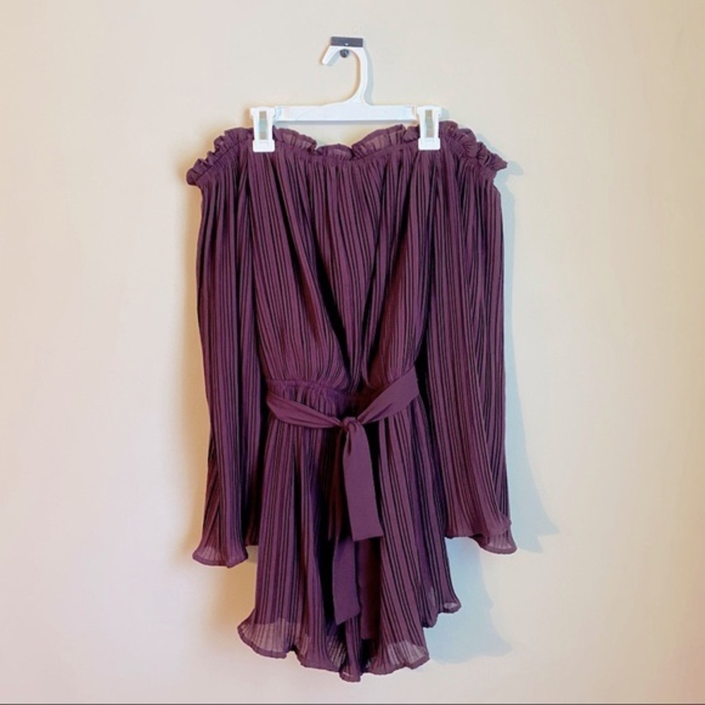 She and Sky off the shoulder burgundy romper with bell sleeves